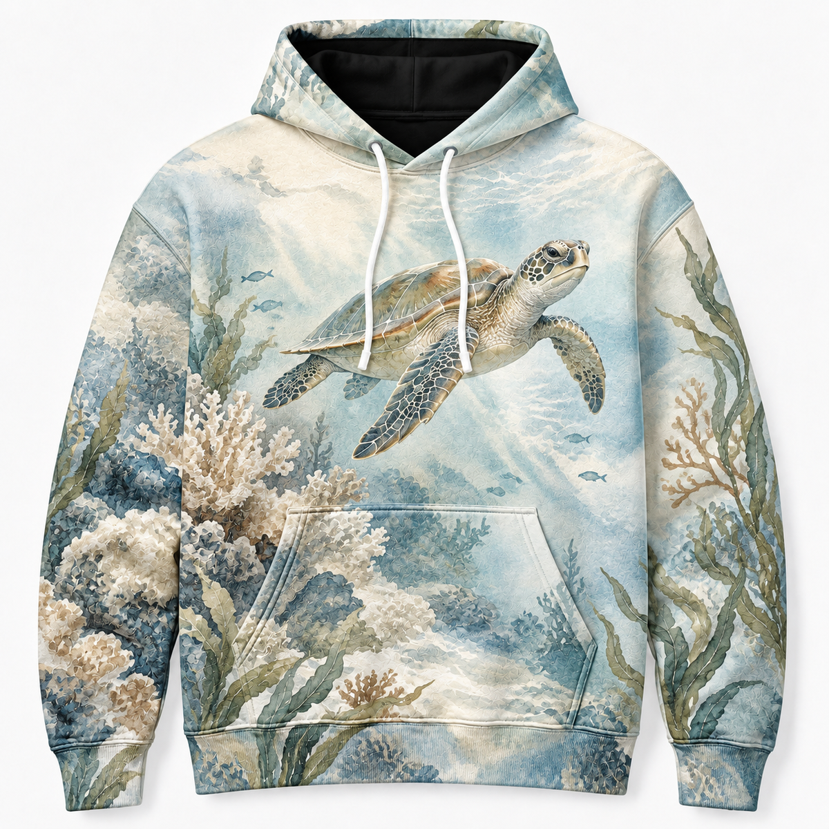 Misty Reef Haven Sea Turtle Hoodie — Soft Sage Watercolor Reef Print