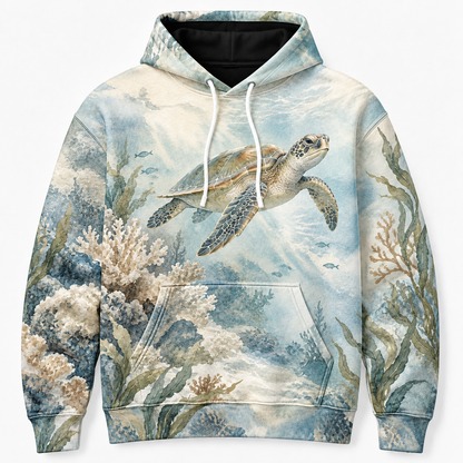 Misty Reef Haven Sea Turtle Hoodie — Soft Sage Watercolor Reef Print