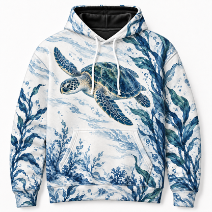 Porcelain Kelp Study Sea Turtle Hoodie — Blue and White Kelp Print
