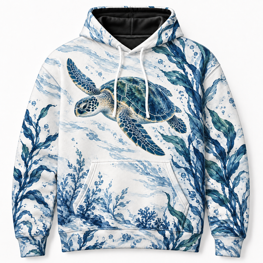 Porcelain Kelp Study Sea Turtle Hoodie — Blue and White Kelp Print