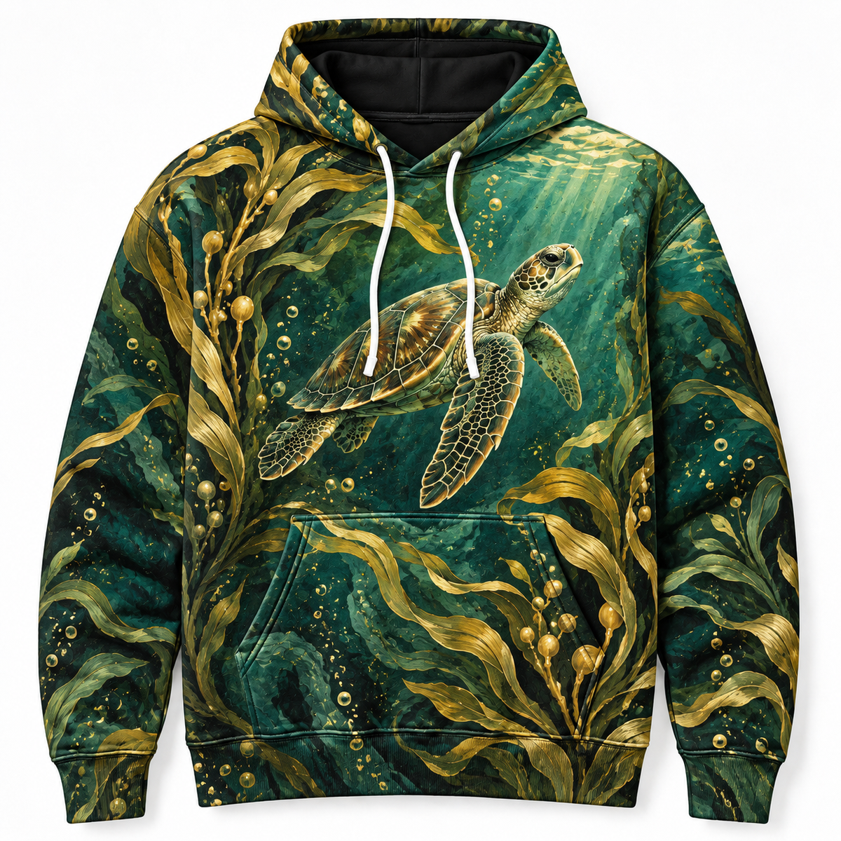 Golden Kelp Passage Sea Turtle Hoodie — Art Nouveau Kelp Print