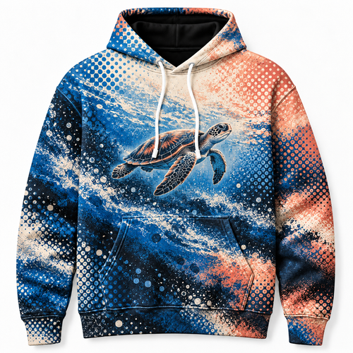 Halftone Horizon Sea Turtle Hoodie — Graphic Dotwork Print