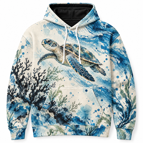 Cerulean Coral Ink Sea Turtle Hoodie — Blue Coral Ink Print