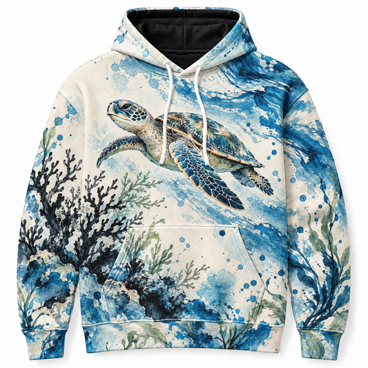 Cerulean Coral Ink Sea Turtle Hoodie — Blue Coral Ink Print