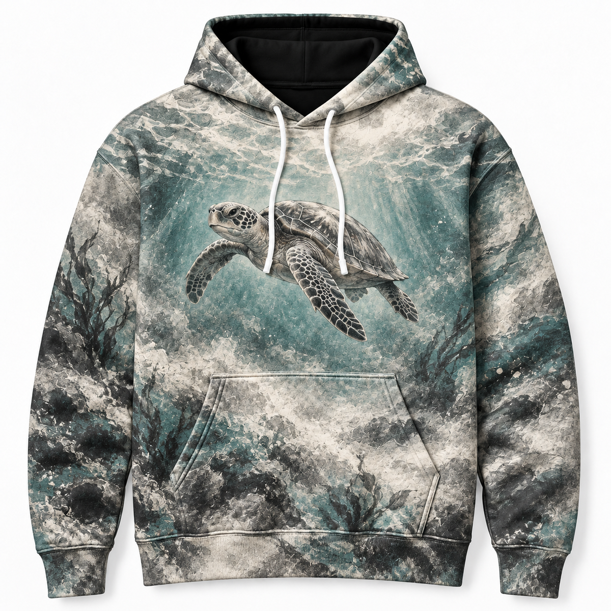Graphite Drift Sea Turtle Hoodie — Charcoal Smudge Print