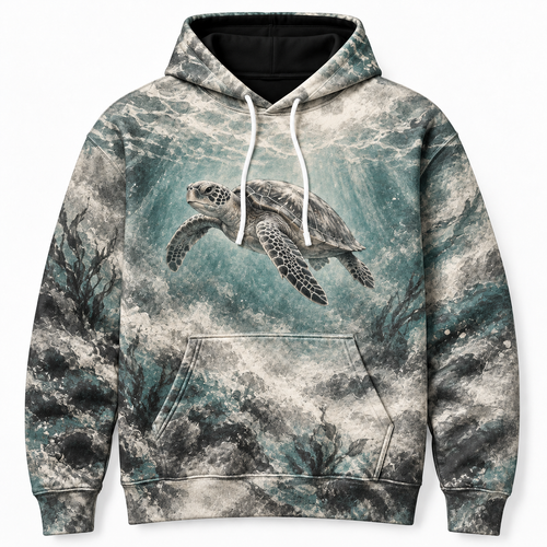 Graphite Drift Sea Turtle Hoodie — Charcoal Smudge Print