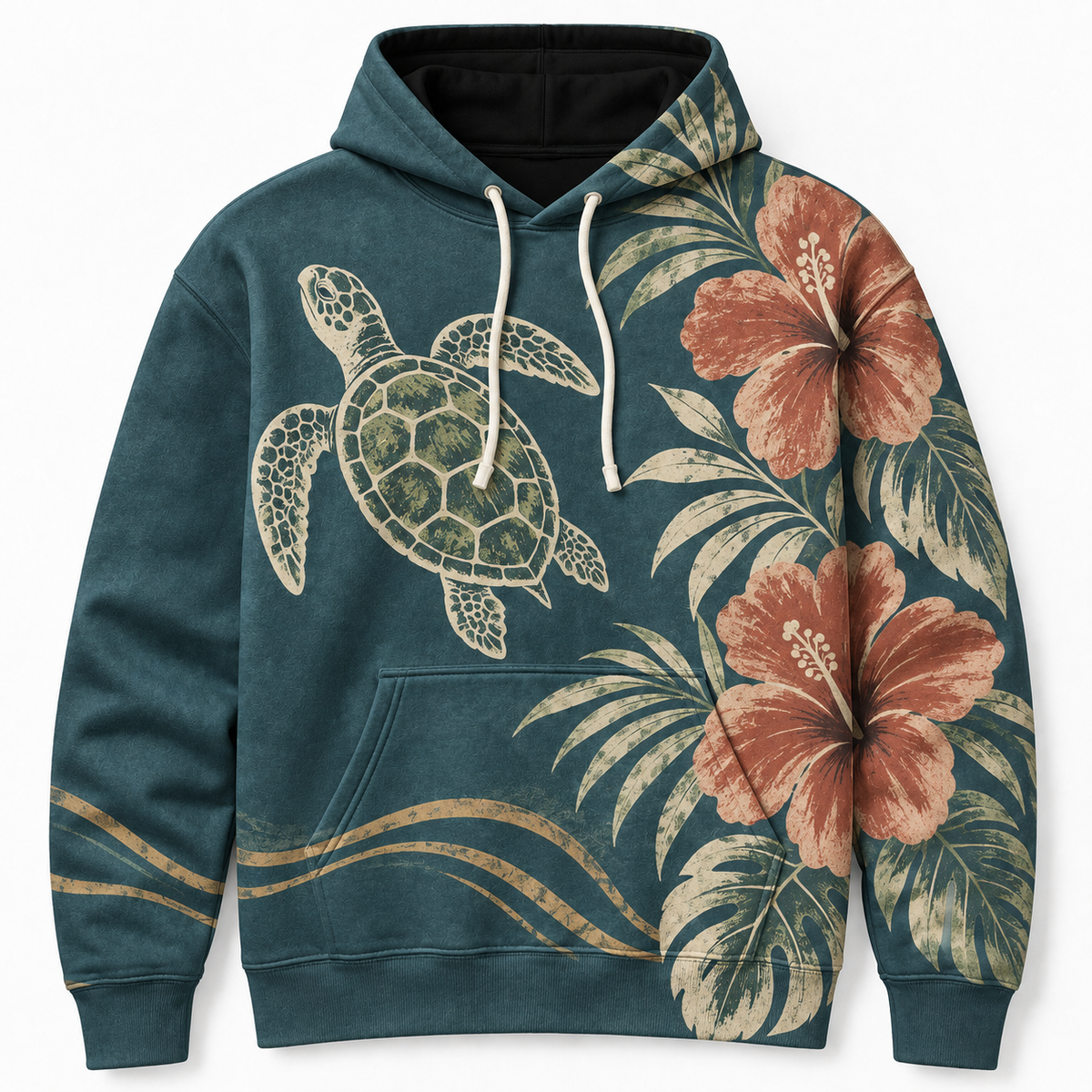 Hibiscus Dusk Sea Turtle Hoodie – Teal Tropical Floral Print