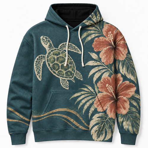 Hibiscus Dusk Sea Turtle Hoodie – Teal Tropical Floral Print