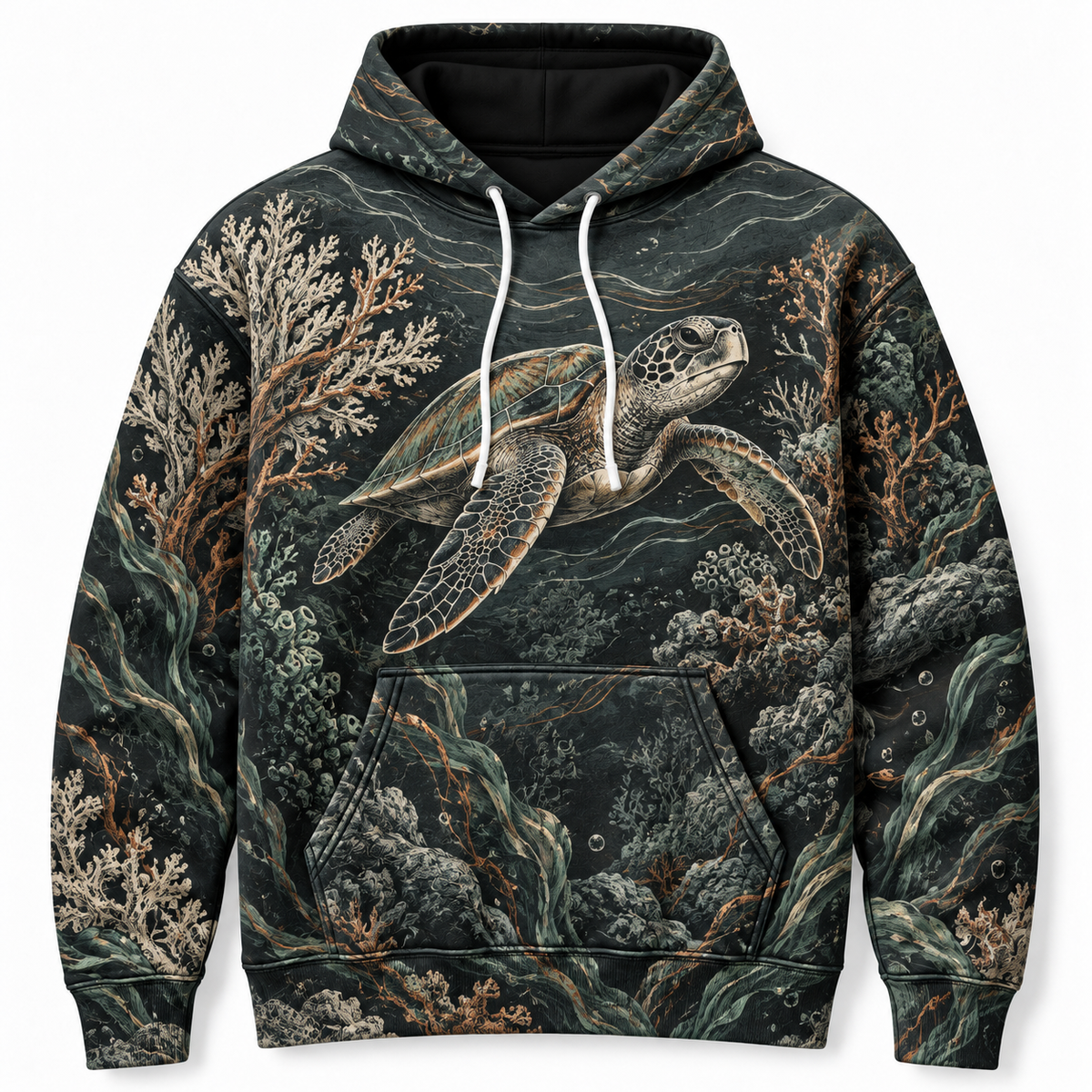 Charcoal Reef Sea Turtle Hoodie — Charcoal Reef Engraving Print