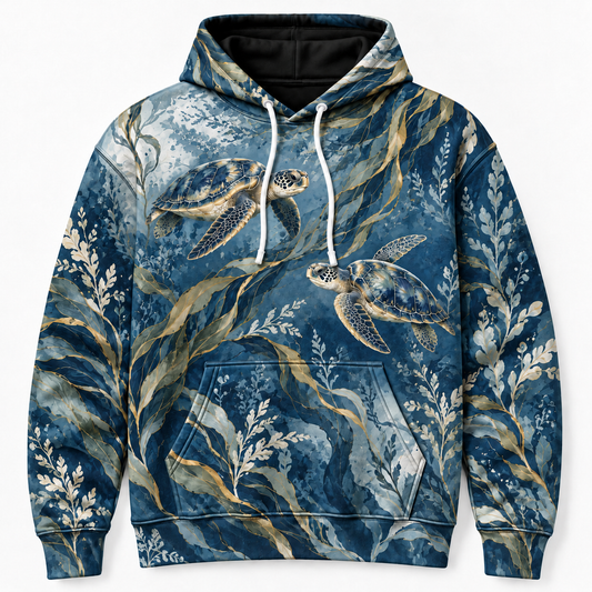 Indigo Kelp Waltz Sea Turtle Hoodie — Indigo Botanical Kelp Print