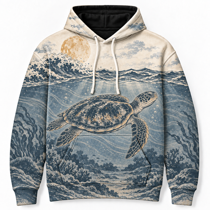 Moonlit Passage Sea Turtle Hoodie – Vintage Underwater Wave Print
