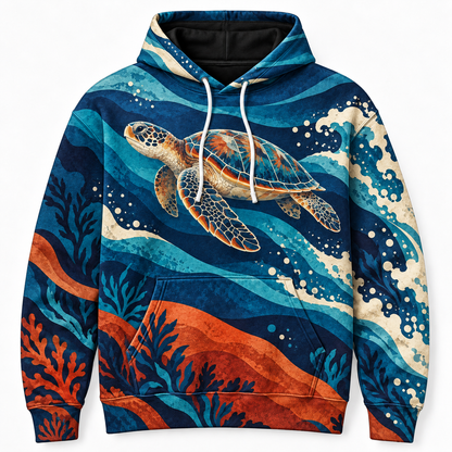 Pacific Rhythm Sea Turtle Hoodie — Graphic Ocean Wave Print