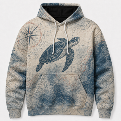 Wayfinder Sea Turtle Hoodie — Vintage Nautical Chart Print