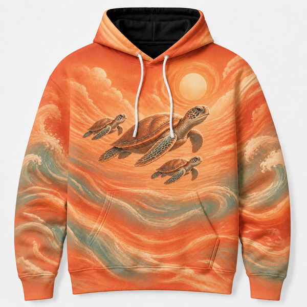 Coral Sunrise Sea Turtle Hoodie — Warm Orange Ocean Print