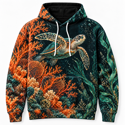 Midnight Coral Opera Sea Turtle Hoodie — Orange Coral Botanical Print