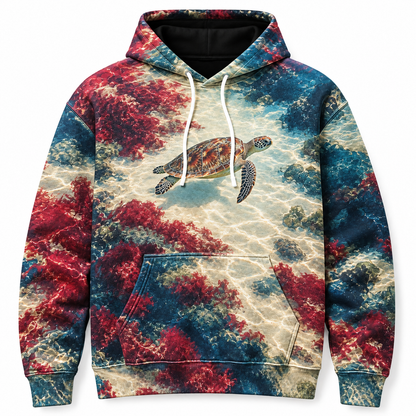 Cranberry Shoals Sea Turtle Hoodie — Warm Coastal Abstract Print