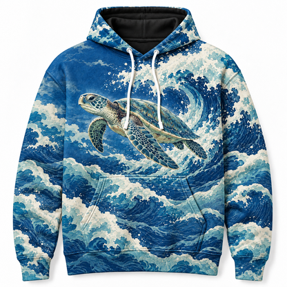 Ultramarine Crest Sea Turtle Hoodie — Blue Wave Crest Print