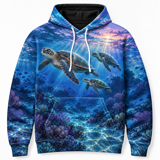 Blue Hour Migration Sea Turtle Hoodie — Twilight Ocean Print