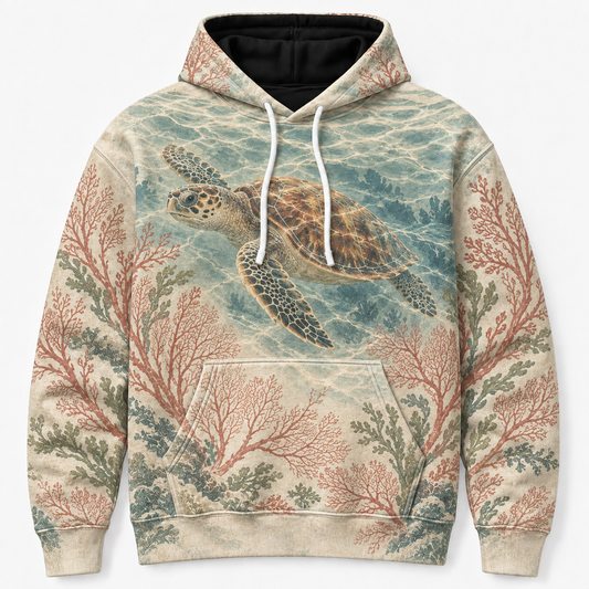 Coral Garden Sea Turtle Hoodie — Vintage Botanical Reef Print