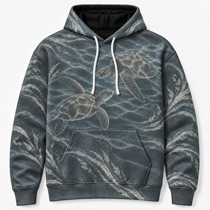Stormy Deep Sea Turtle Hoodie — Slate Grey Wave Print