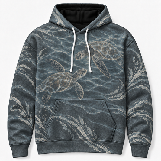 Stormy Deep Sea Turtle Hoodie — Slate Grey Wave Print