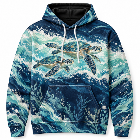 Foamline Run Sea Turtle Hoodie — Navy and Seafoam Wave Print