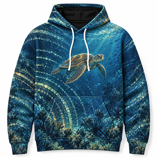 Sonar Bloom Sea Turtle Hoodie — Acoustic Ripple Print