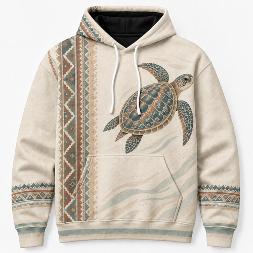 Coastal Loom Sea Turtle Hoodie — Vintage Geometric Print