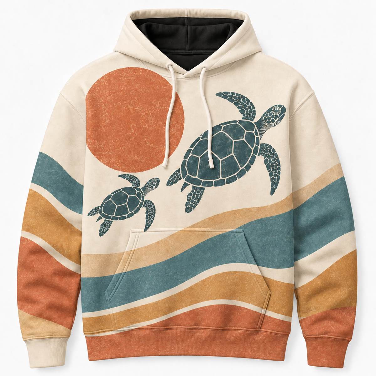 Terracotta Tides Sea Turtle Hoodie – Retro Sunset Wave Print