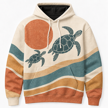 Terracotta Tides Sea Turtle Hoodie – Retro Sunset Wave Print
