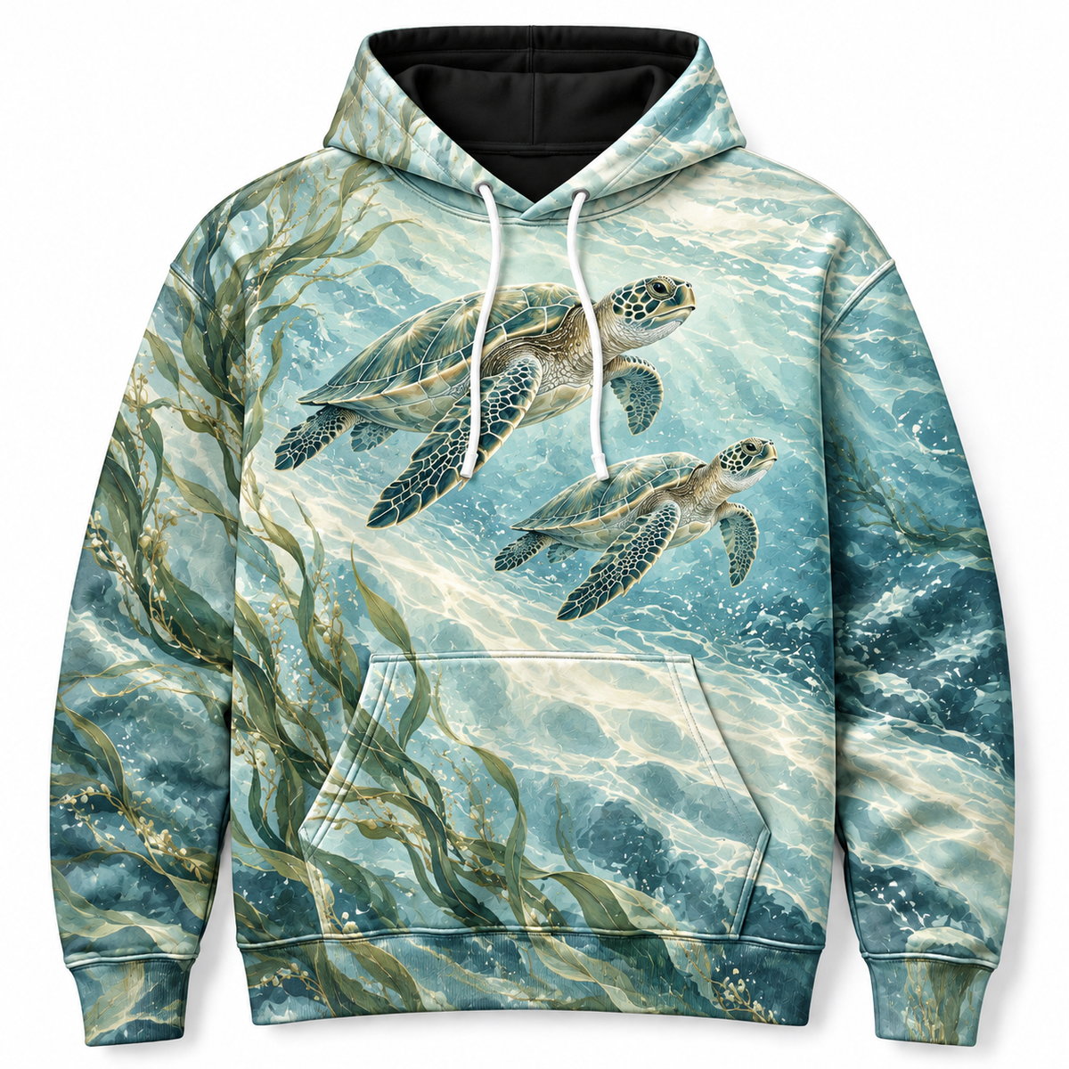 Lagoon Silk Sea Turtle Hoodie — Soft Green Ocean Print