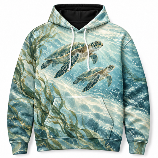 Lagoon Silk Sea Turtle Hoodie — Soft Green Ocean Print