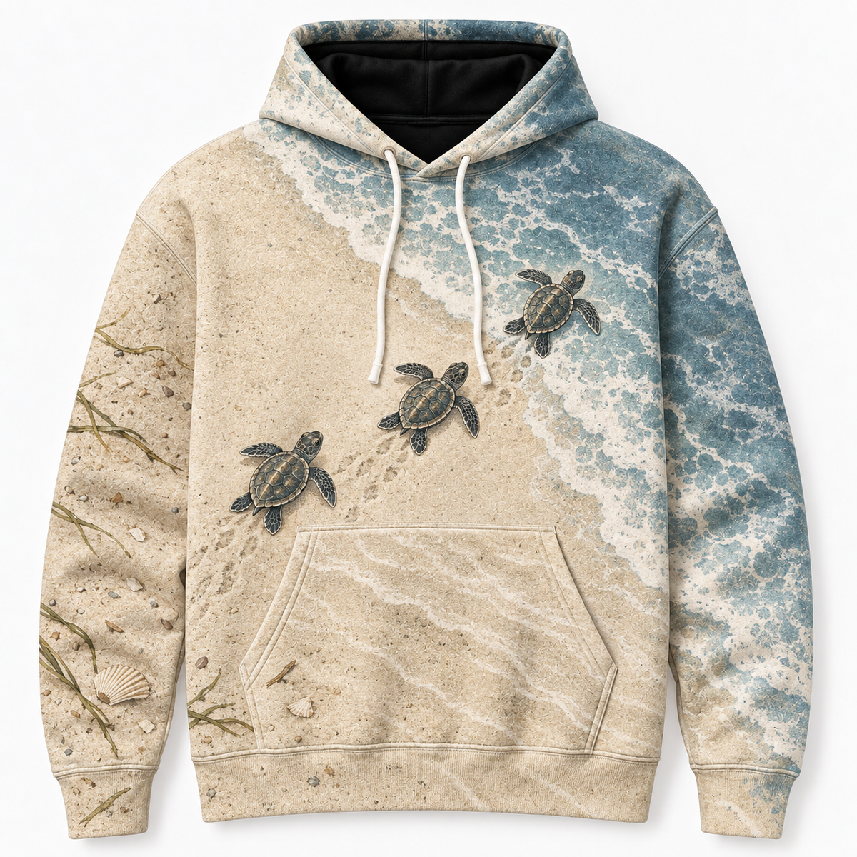 Sandy Trail Sea Turtle Hoodie — Beach Sunrise Hatchling Print