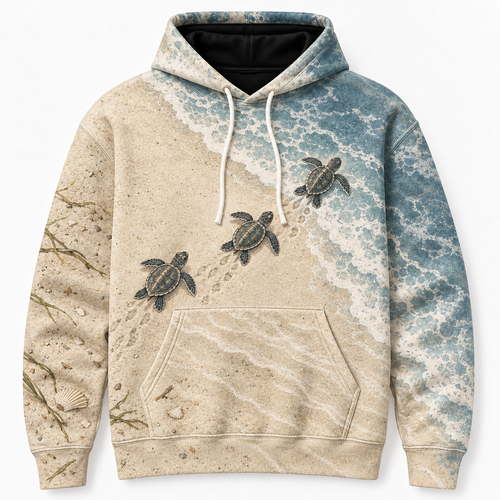 Sandy Trail Sea Turtle Hoodie — Beach Sunrise Hatchling Print