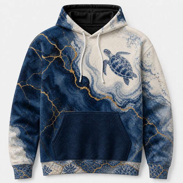 Kintsugi Sea Turtle Hoodie — Blue Porcelain and Gold Print
