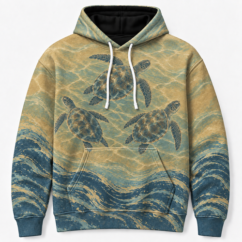 Golden Shoal Sea Turtle Hoodie — Sandy Blue Wave Print