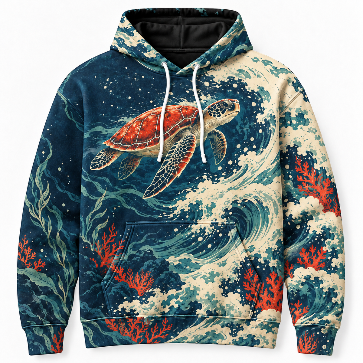 Vermilion Undertow Sea Turtle Hoodie — Red and Navy Wave Print