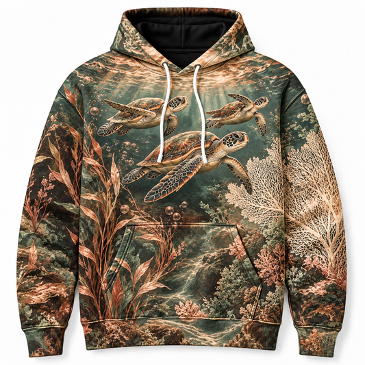 Tidal Copper Garden Sea Turtle Hoodie — Copper Botanical Reef Print