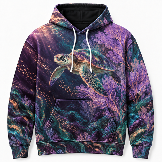Amethyst Depths Sea Turtle Hoodie — Purple Coral Reef Print
