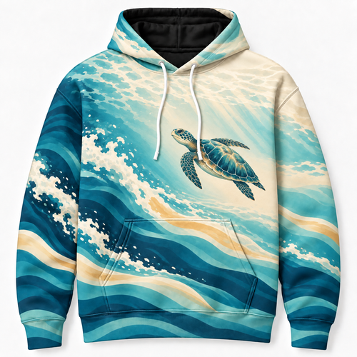 Sunlit Glide Sea Turtle Hoodie — Teal Ocean Wave Print