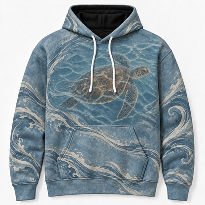 Tidal Drift Sea Turtle Hoodie — Ocean Blue Wave Print