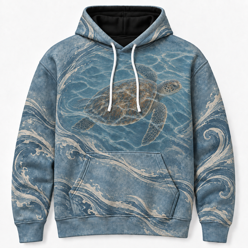 Tidal Drift Sea Turtle Hoodie — Ocean Blue Wave Print