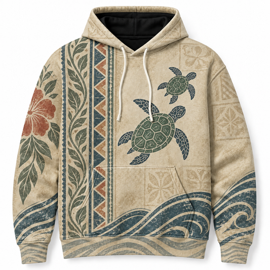 Heritage Trail Sea Turtle Hoodie — Vintage Hibiscus Border Print