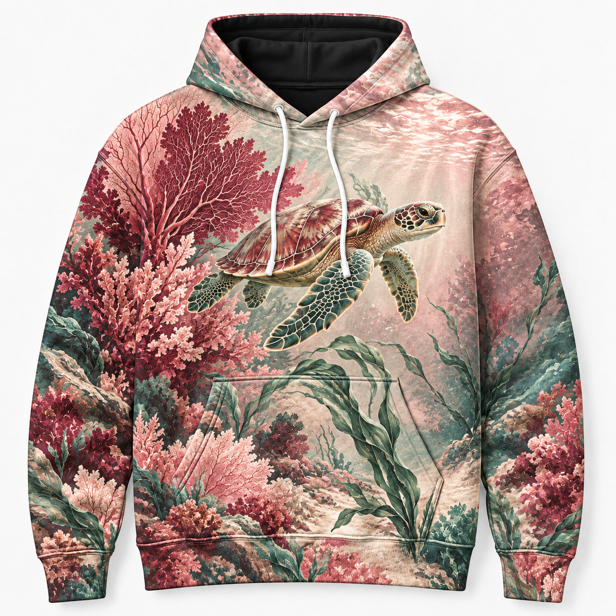 Rosewater Reef Sea Turtle Hoodie — Blush Coral Reef Print