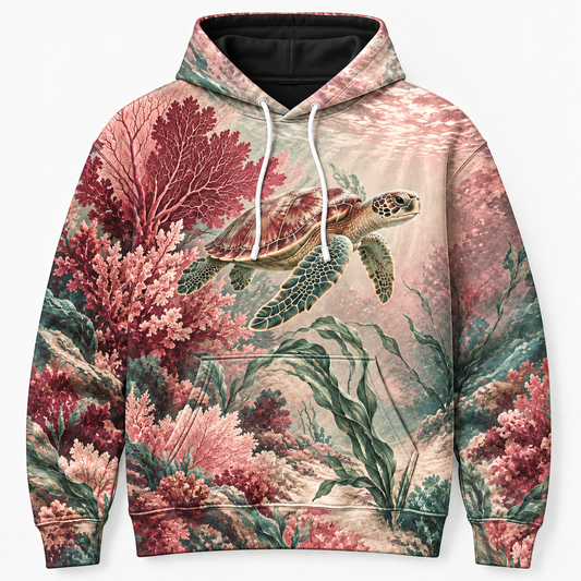Rosewater Reef Sea Turtle Hoodie — Blush Coral Reef Print