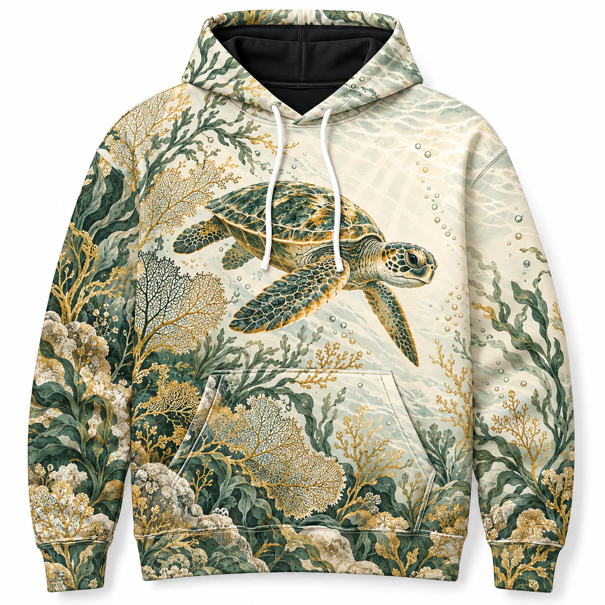 Ivory Reef Lace Sea Turtle Hoodie — Ivory Botanical Reef Print