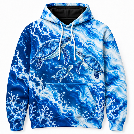 Lagoon Family Flow Sea Turtle Hoodie — Blue Ocean Marble Print