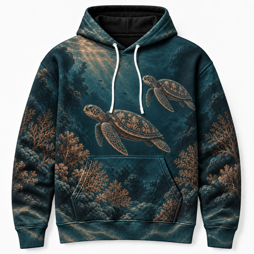 Deep Coral Sea Turtle Hoodie — Underwater Bronze Coral Print