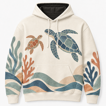 Coastal Cut Paper Sea Turtle Hoodie – Modern Reef Collage Print