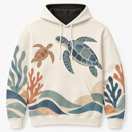 Coastal Cut Paper Sea Turtle Hoodie – Modern Reef Collage Print